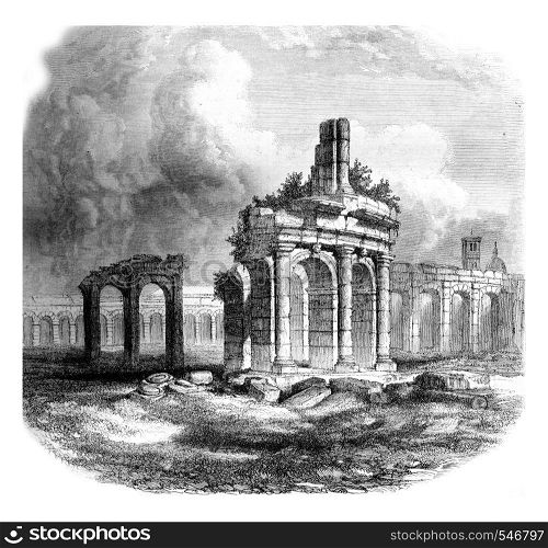 Ruins of the Amphitheatre of Capua, vintage engraved illustration. Magasin Pittoresque 1861.