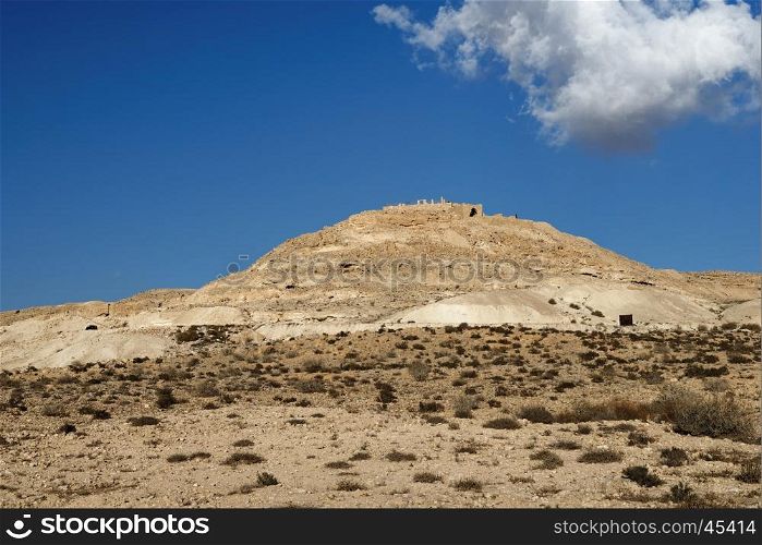 Ruins of the ancient Avdat (Ovdat) town on top of the desert hill in Israel