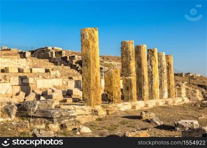 Ruins of the ancient city Hierapolis in Pamukkale, Turkey in a beautiful summer day