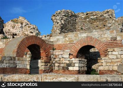Ruins of the ancient fortress wall around the town of Nesebar in Bulgaria