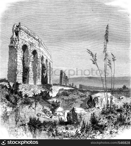 Ruins of the Anio Novus, vintage engraved illustration. Magasin Pittoresque 1861.