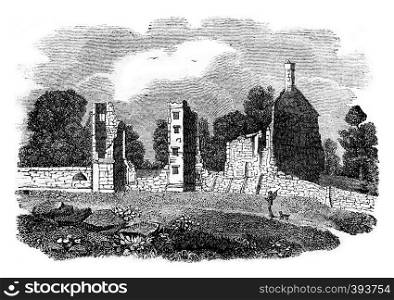 Ruins of the castle Broadgate, Earl of Leicester, birthplace of Jeanne Gray, vintage engraved illustration. Colorful History of England, 1837.