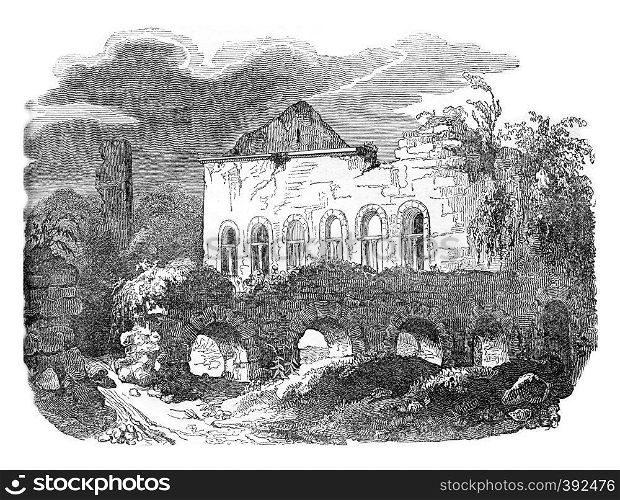 Ruins of the castle of Harcourt, Lillebonne, vintage engraved illustration. Colorful History of England, 1837.