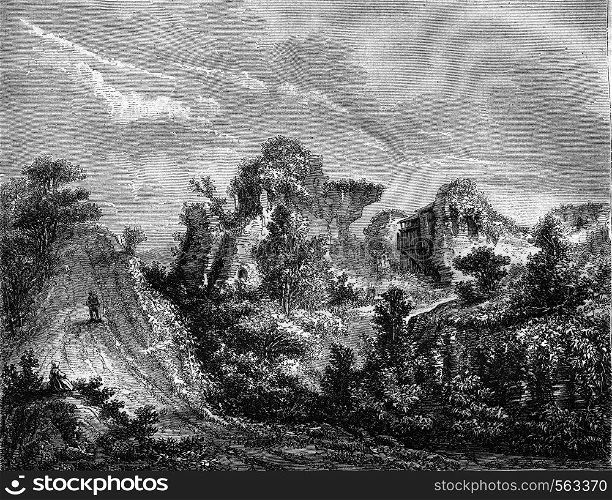 Ruins of the castle of Longueville, Seine-Bottom, vintage engraved illustration. Magasin Pittoresque 1869.