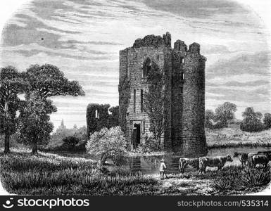Ruins of the castle of Machecoul, vintage engraved illustration. Magasin Pittoresque 1857.