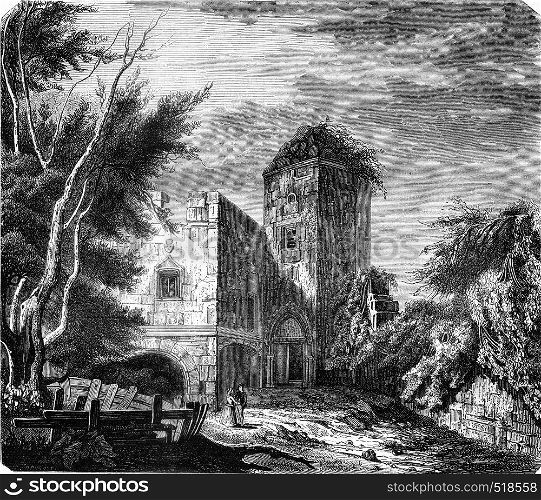 Ruins of the castle of Murol of after Dauzats, vintage engraved illustration. Magasin Pittoresque 1845.