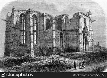 Ruins of the church of Neuvy-Sautour, vintage engraved illustration. Magasin Pittoresque 1867.