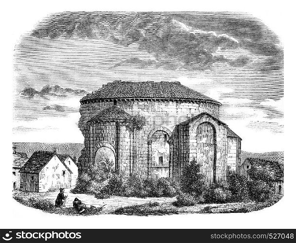 Ruins of the Church of Saint Leonard, External view of the apse, vintage engraved illustration. Magasin Pittoresque 1846.