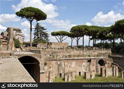 Ruins of the emperors palaces on Palatine Hill, Rome, Italy