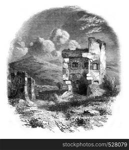 Ruins of the fortress Schlossberg, vintage engraved illustration. Magasin Pittoresque 1847.