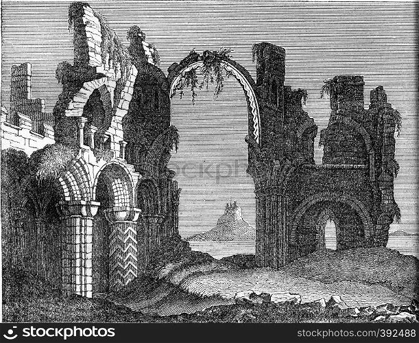 Ruins of the monastery of Lindisfarne, Holy Island, vintage engraved illustration. Colorful History of England, 1837.