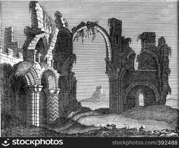 Ruins of the monastery of Lindisfarne, Holy Island, vintage engraved illustration. Colorful History of England, 1837.