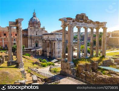 Ruins of the Roman Forum in Italy at Dawn