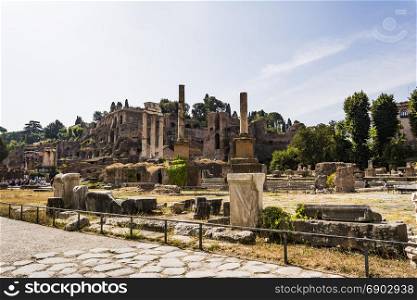 Ruins of the Roman Forum in Rome, Italy.. Rome, Italy - August 31, 2017: Ruins of the Roman Forum in Rome, Italy. The Roman Forum is one of the main tourist attractions of Rome.