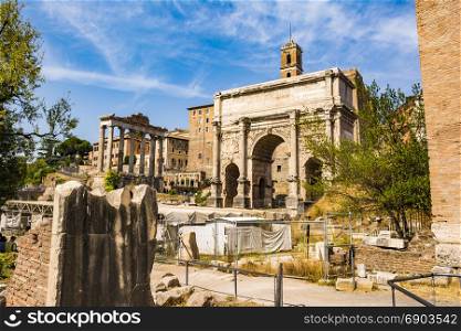 Ruins of the Roman Forum in Rome, Italy.. Rome, Italy - August 31, 2017: Ruins of the Roman Forum in Rome, Italy. The Roman Forum is one of the main tourist attractions of Rome.