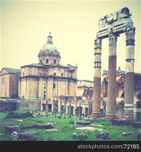 Ruins of the roman forum, Rome, Italy. Retro style filtred image