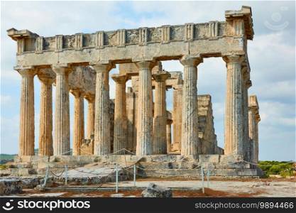 Ruins of the temple of Aphaea, landmark of Aegina Island in Greece