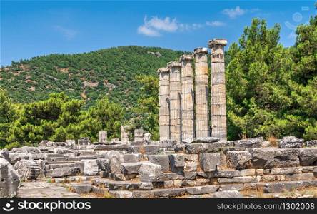 Ruins of the Temple of Athena Polias in the ancient city of Priene, Turkey, on a sunny summer day. The Temple of Athena Polias in the Ancient Priene, Turkey