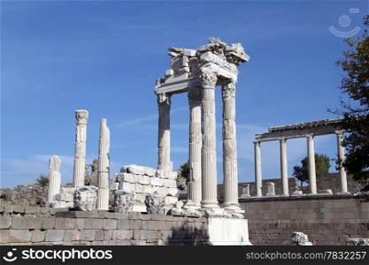 Ruins of Trajan temple in acropolis of Pergam, Bergama in Turkey