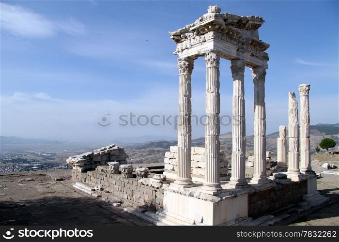 Ruins of Trajan temple in Acropolis of Pergam, Turkey