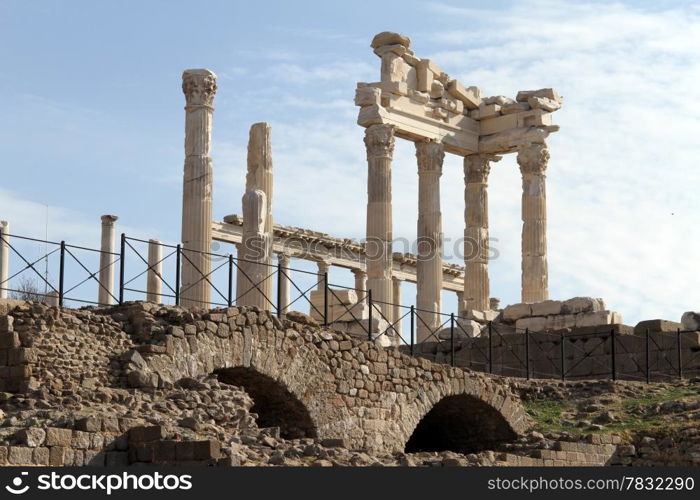 Ruins of Trajan temple in acropolis of Pergam, Turkey