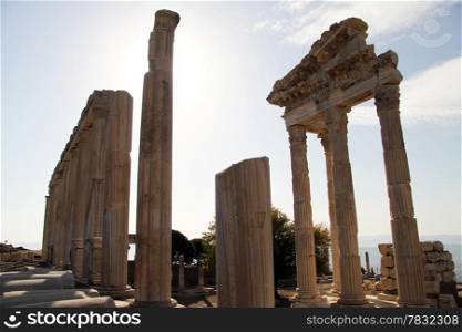 Ruins of Trajan temple in acropolis of Pergam, Turkey
