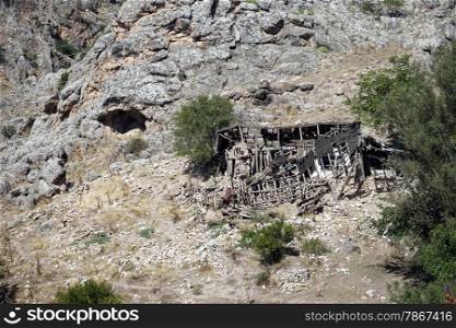 Ruins of wooden house in mountain, Turkey