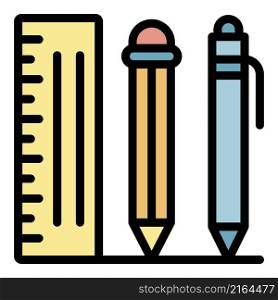Ruler pen pencil icon. Outline ruler pen pencil vector icon color flat isolated. Ruler pen pencil icon color outline vector