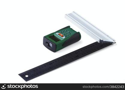 Ruler square and laser range finder isolated on a white background