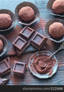 Rum balls with cocoa powder and chocolate slices on the wooden board
