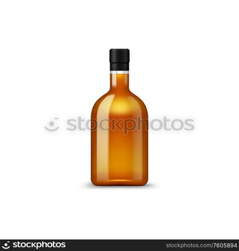 Rum or cognac in bottle isolated high spirit drink. Vector scotch or bourbon whiskey. Bourbon whiskey, scotch isolated bottle of cognac