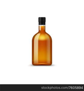 Rum or cognac in bottle isolated high spirit drink. Vector scotch or bourbon whiskey. Bourbon whiskey, scotch isolated bottle of cognac