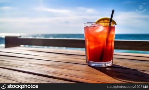 Rum Runner cocktail on background with blue sea and sky tropical background. Generative AI.. Rum Runner cocktail on background with blue sea and sky tropical background. Generative AI