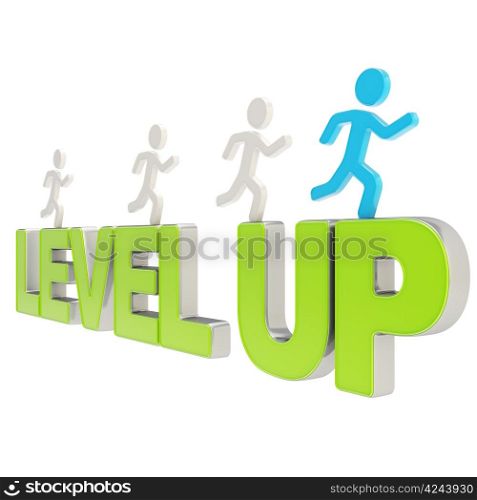 Run for the Level up conception: group of human symbolic figures running over the green word isolated on white background
