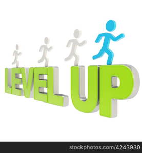 Run for the Level up conception: group of human symbolic figures running over the green word isolated on white background