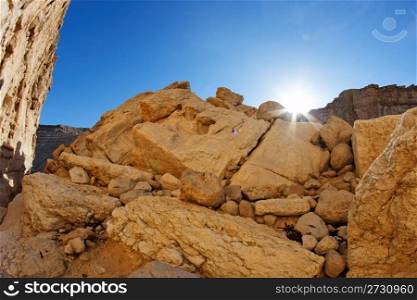 Run setting behind the yellow sandstone rock in the desert