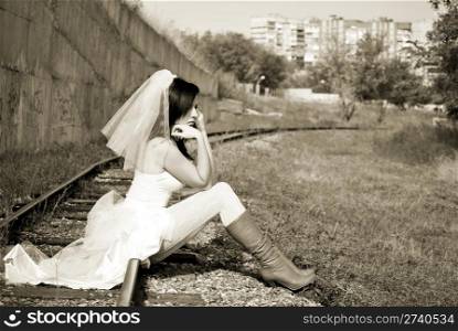 Runaway Bride. woman in a wedding dress