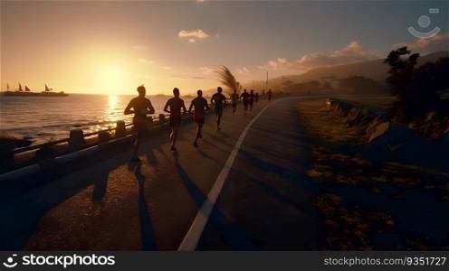 runner group running on sunrise seaside trail. Generative AI