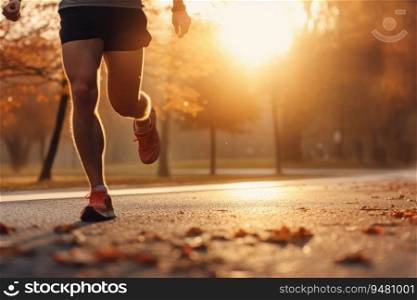 Runner running in park on sunrise. Generative AI
