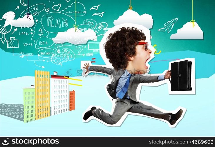 Running businessman. Collage image of funny running businessman with suitcase in hands