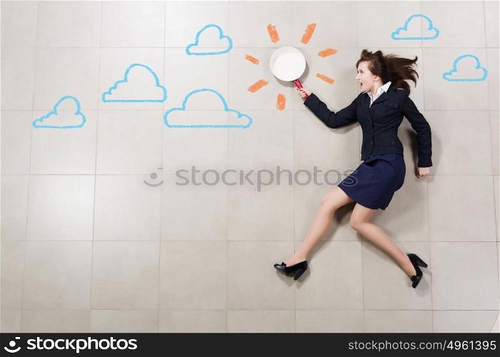 Running businesswoman. Funny image of running businesswoman with pan in hand