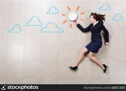 Running businesswoman. Funny image of running businesswoman with pan in hand