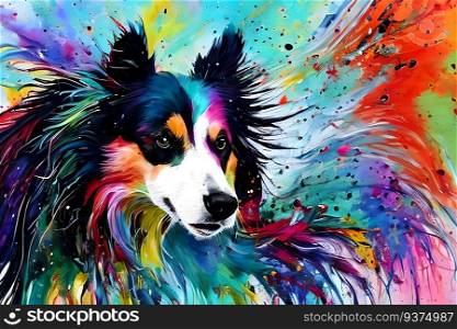 Running collie dog with paint splashes. Generative AI illustration