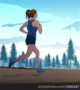Running girl Women jogging for health Illustration vector On pop art comic style Colorful natural background