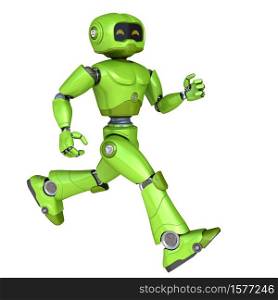 Running green robot isolated on white. 3D illustration. Running green robot
