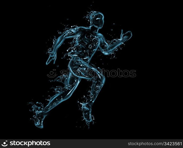 Running man liquid artwork on black - Athlete figure in motion made of water with falling drops
