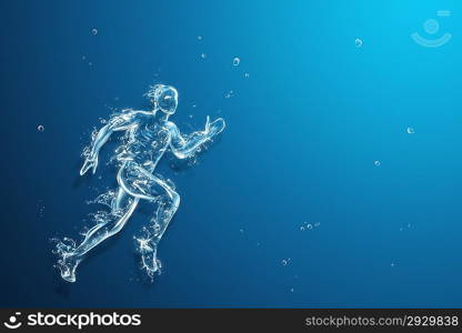 Running man liquid artwork on blue background. Athlete figure in motion made of water with falling drops. Water art collection.