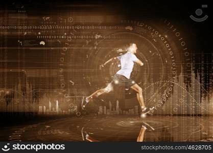 Running man. Young running man against digital media background