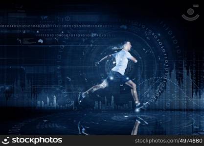 Running man. Young running man against digital media background