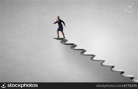 Running on career ladder. Young businesswoman running up staircase representing success concept